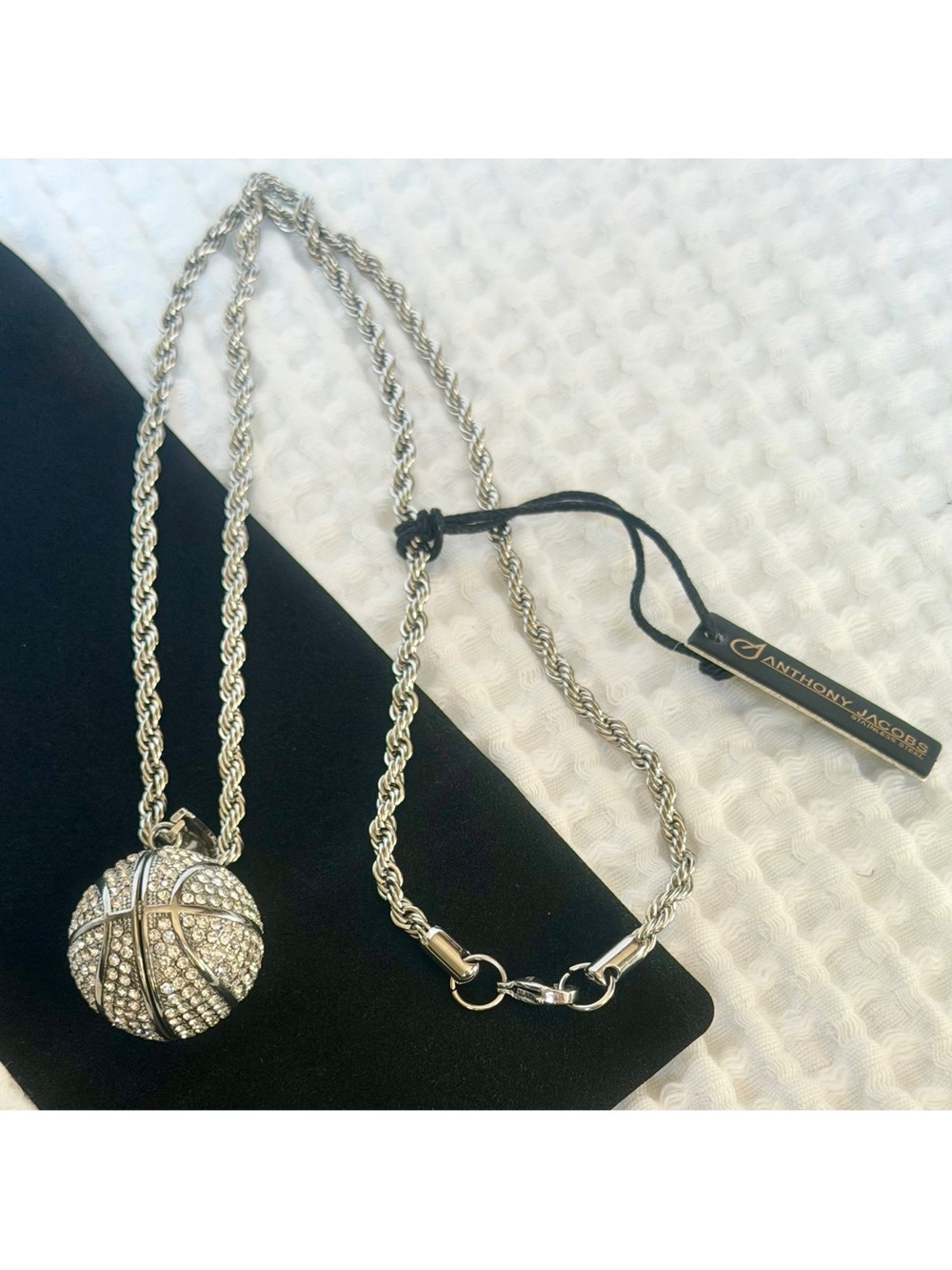 Anthony Jacobs Crystal Basketball Pendant Necklace Silvertone 24” Mens Chain NWT